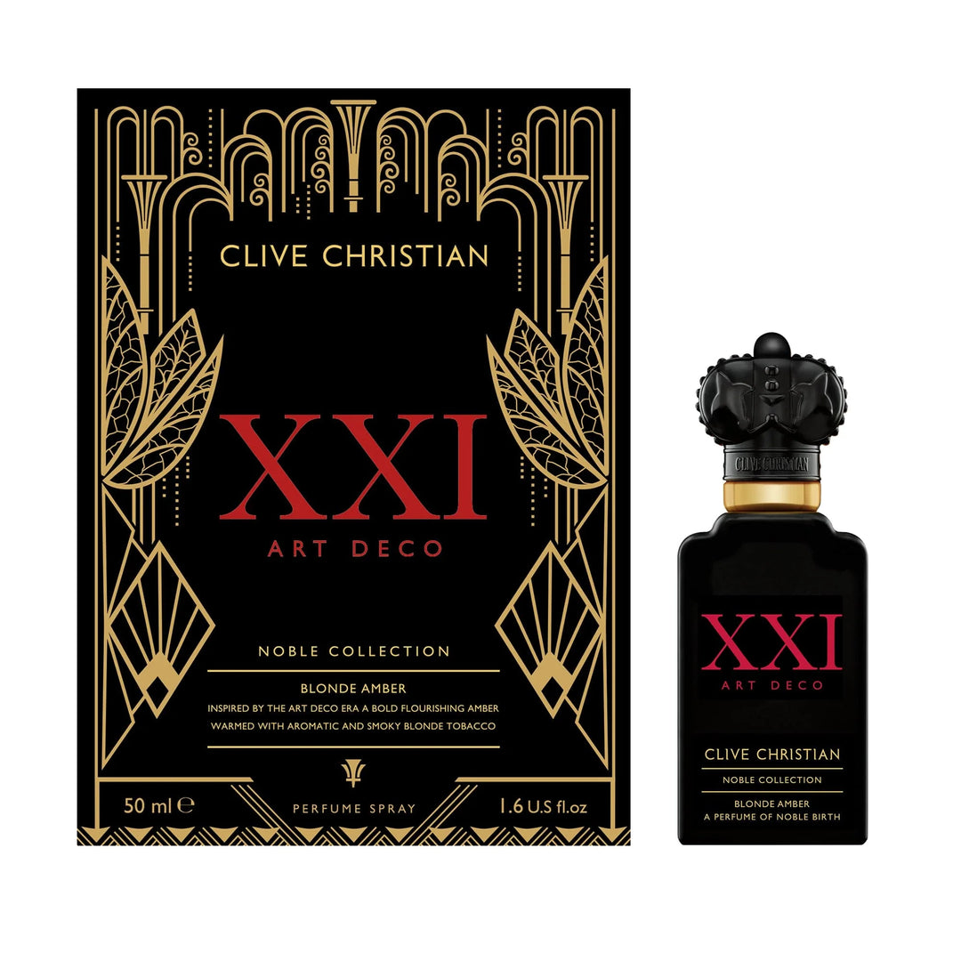 Clive Christian Blonde Amber perfume bottle and packaging from the Art Deco collection, featuring intricate gold and black design.