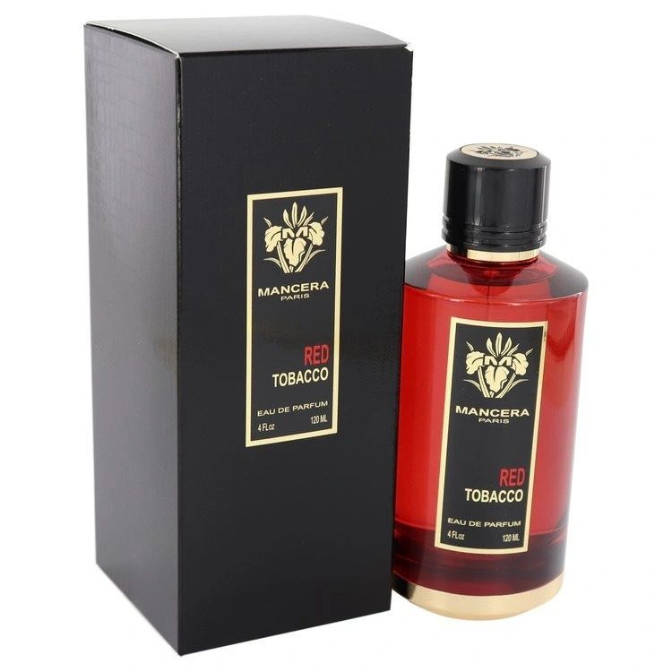 Mancera Red Tobacco Eau de Parfum with rich notes of saffron, cinnamon, and tobacco in a sleek bottle.