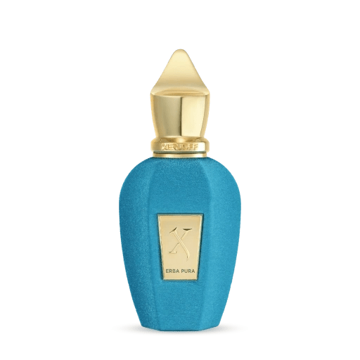 Xerjoff Erba Pura perfume bottle with gold cap, featuring notes of citrus, white musk, vanilla, and amber.