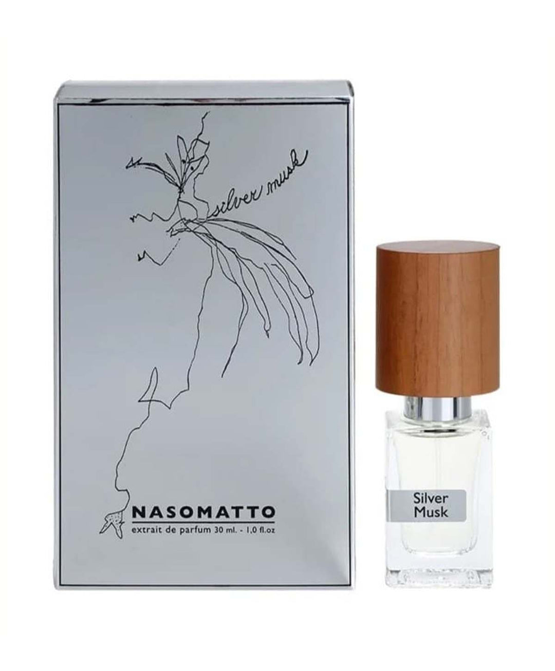 Nasomatto Silver Musk Eau de Parfum 30ml bottle and box showcasing elegant design and musk fragrance.