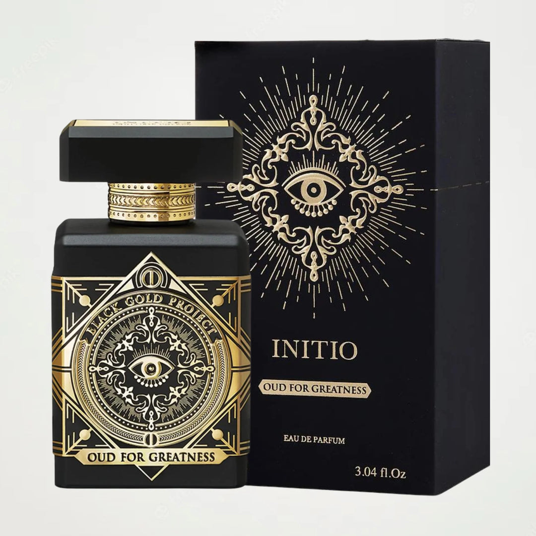 Initio Oud for Greatness perfume bottle and box, niche fragrance for sale, luxury scent for date night.