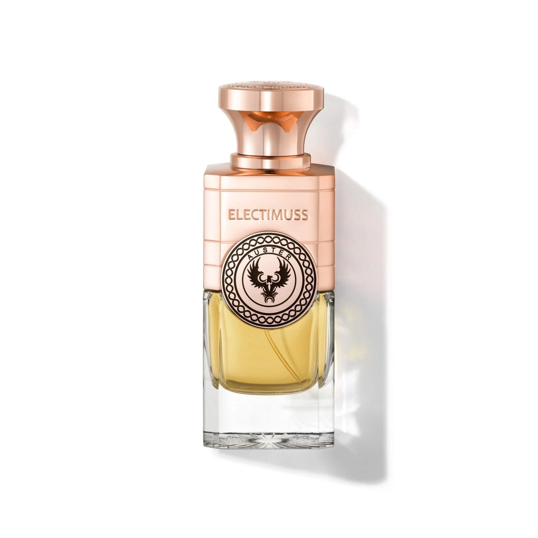 Auster Electimuss fragrance bottle showcasing luxurious scent with notes of star anise, patchouli, and ambergris.