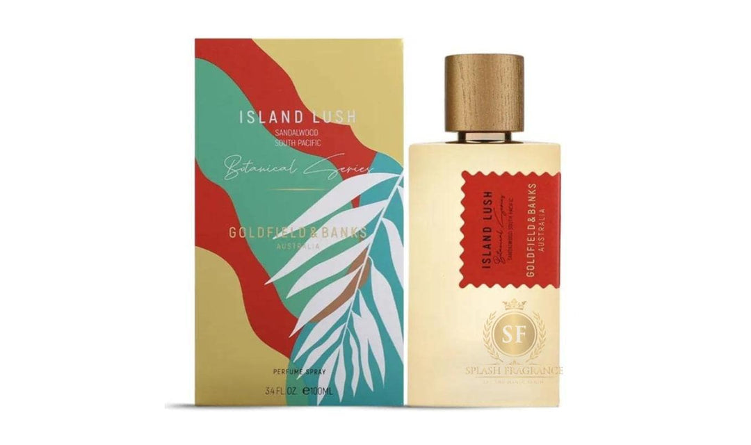 Goldfield & Banks Island Lush Pure Perfume bottle and box with notes of nutmeg, pink pepper, guaiac wood, leather, and sandalwood.