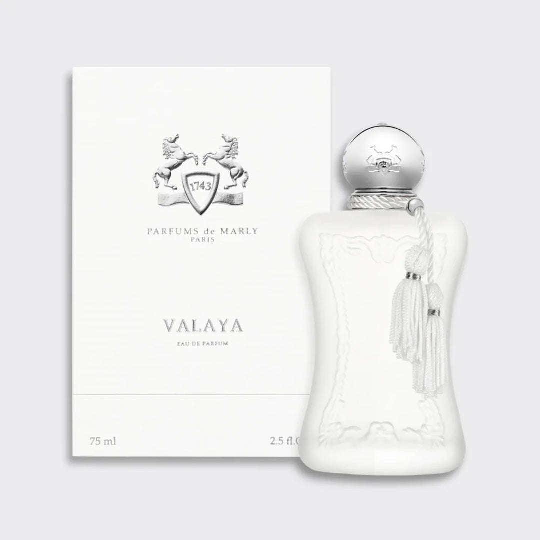 Parfums De Marly Valaya perfume bottle and box, luxury niche fragrance for sale, ideal for date night.