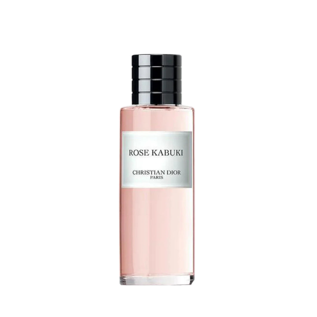 Dior Rose Kabuki 125 ml fragrance featuring notes of rose, dew drop, and musk in a sleek pink bottle.