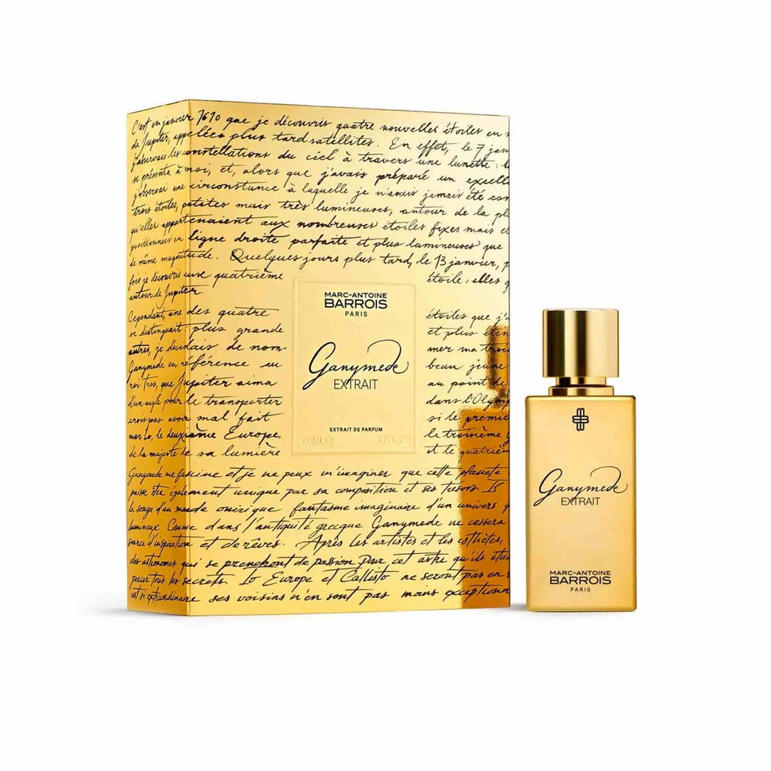 Ganymede Extrait 50ml fragrance featuring notes of immortelle, mandarin, myrrh, and saffron in an elegant golden bottle.