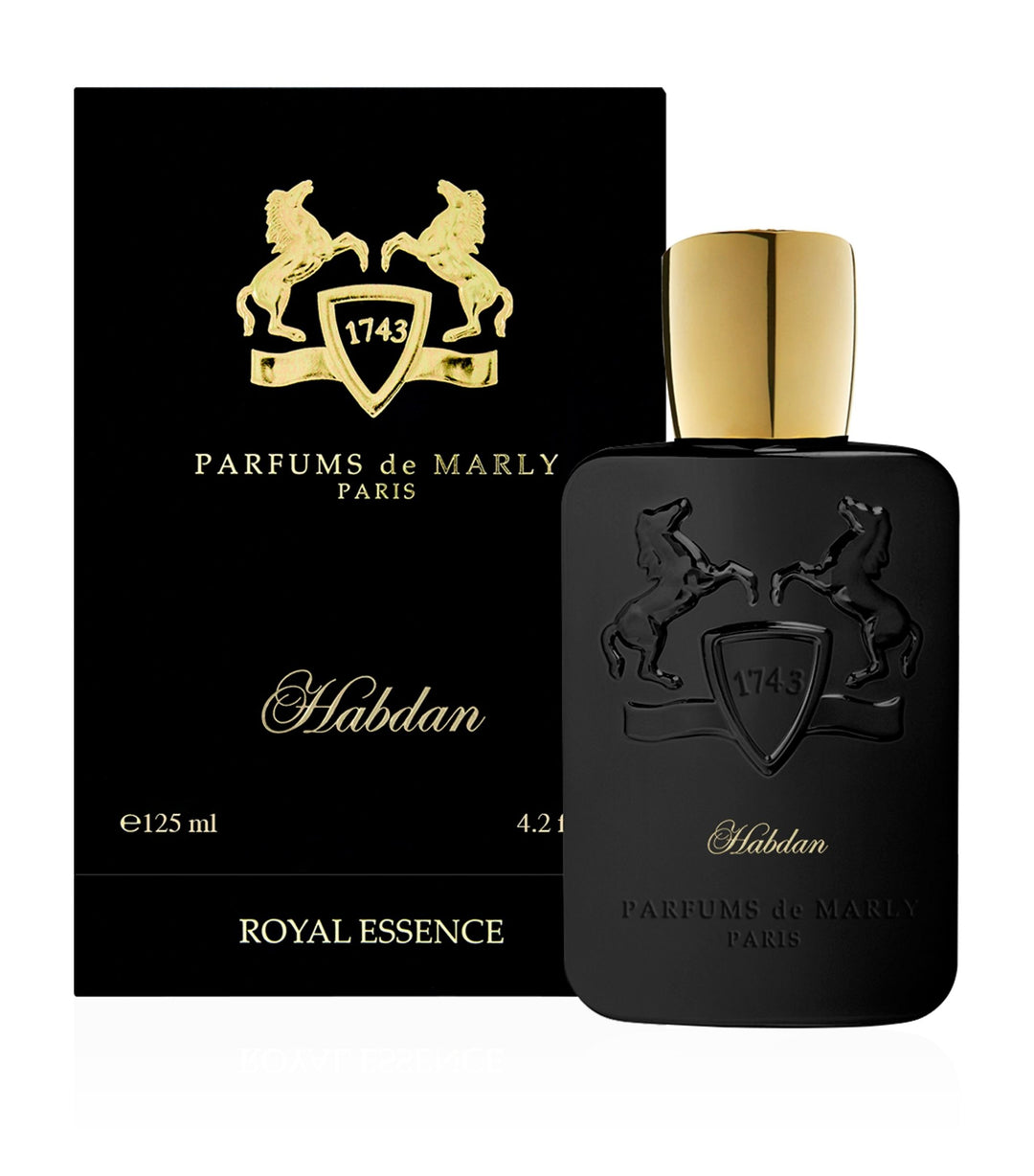 Parfums de Marly Habdan EDP fragrance bottle and box featuring saffron, myrrh, and caramel notes.