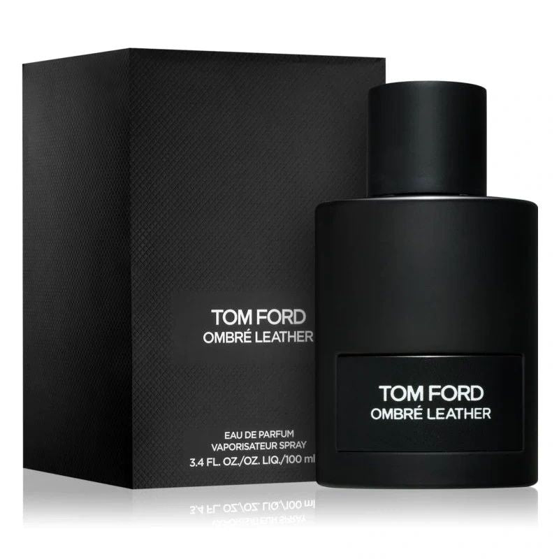 Tom Ford Ombre Leather EDP 100ml bottle with packaging featuring notes of cardamom, leather, and amber.