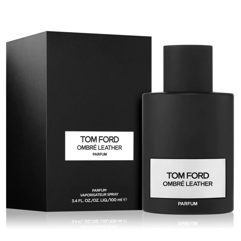 Tom Ford Ombre Leather Parfum bottle and box on display, a luxury niche perfume for sale.